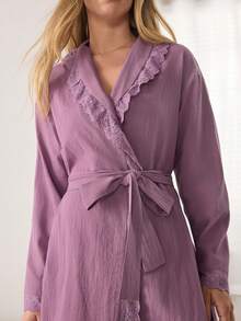 Ocili Women's Solid Color Contrast Lace Long Sleeve Elegant Loungewear Robe - Lilac Purple - View 5
