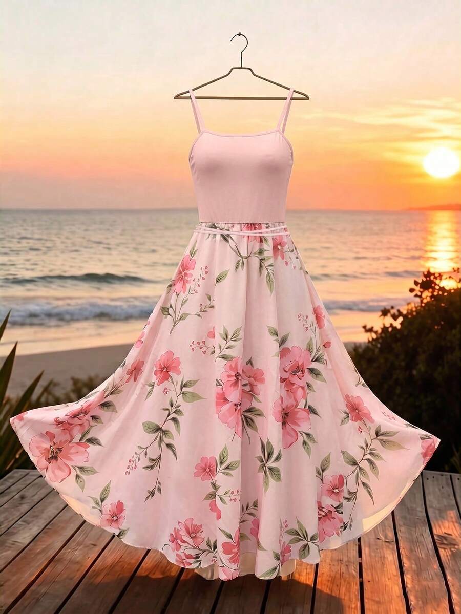 Franclia Women's Printed Sleeveless Dress, Black And White Color Block, Casual Holiday Style - Pink - View 1