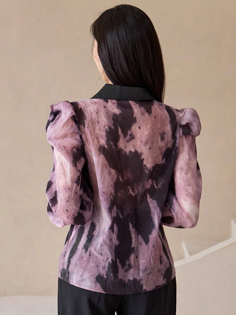 Summer Autumn Deep V-Neck Lapel Puff Long Sleeve Cinched Waist Double-Breasted Purple Tie-Dye Print Fabric Loose Casual Women's Blouse Vacation