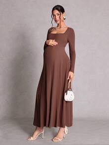 SHEIN Maternity Solid Color Square Neck Long Sleeve Elegant Dress Photoshoot Business Casual Outfit Daily Commute Old Money Style Work Brown Autumn Fall - Coffee Brown - View 4