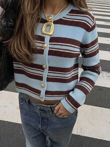 SHEIN EZwear 女士休闲度假通勤撞色条纹单排扣开衫，秋冬款 - 彩色 - 查看 4
