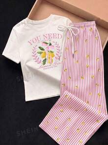 Comfortcana 2件組刺繡圓領短袖上衣與條紋印花長褲，休閒風 - 淺粉色 - 查看 6
