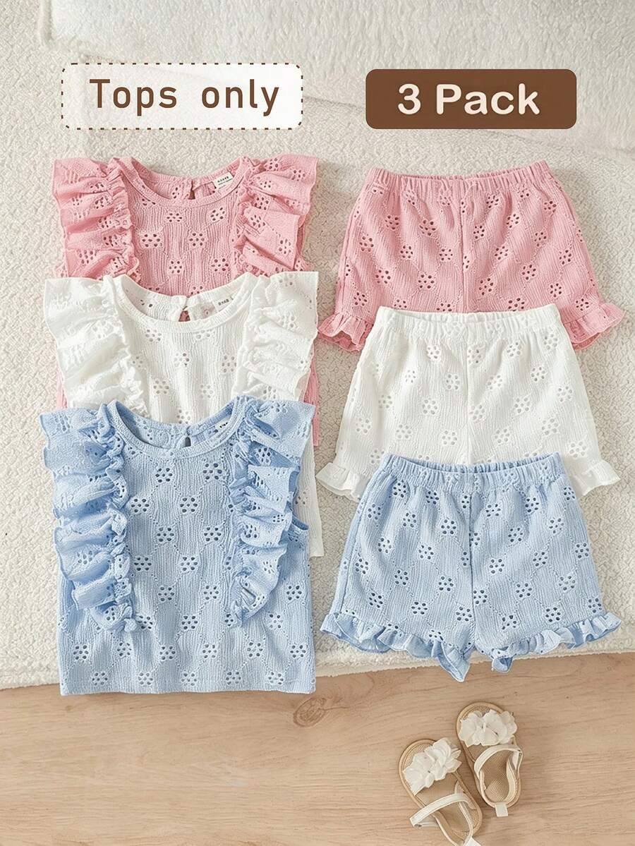 SHEIN Playful Pals 3件套彩色爱心条纹印花荷叶边下摆圆领T恤,柔软舒适,休闲可爱,春夏新品 - 彩色 - 查看 1