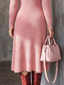 Balvessa V-Neck Single-Breasted Metal Hand-Stitched Button Cinched Cinched Waist Ribbed Cuff Long Sleeve A-Line Hem Women's Sweater Dress - Pink - View 6