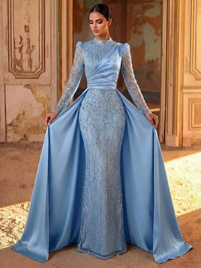 Aureia Elegant Luxurious Beaded Bubble Embroidery Sequin Patchwork Satin Sheer Sleeve Mermaid Skirt Conservative Full Skirt Sheer Sleeve Mermaid Skirt Ruched Suitable For Wedding Events Bachelor Party Vacation Ball Evening Gala Dress (Heavy Workmanship Style)