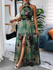 Reflora Vestido de verano elegante con estampado floral, espalda descubierta y cuello halter, talla grande - Beis - Ver 4