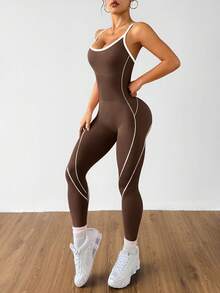 SHEIN Dewbera H1086 黑白無縫運動連身衣 - 咖啡棕 - 查看 3