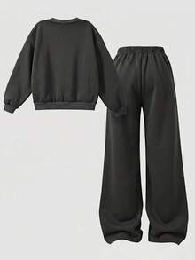 SHEIN Girlism Tween女孩秋冬休閒運動保暖內裡加厚運動衫套裝，紐約印花，寬鬆圓領套頭衫，寬腿運動長褲，灰色 - 深灰色 - 查看 2