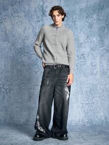 ROMWE MEN Men's Frog Button Raglan Long Sleeve Casual Knit Cardigan - Light Grey - View 5