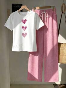 Muvela 2pcs Set Embroidered Round Neck Short Sleeve Top And Striped Print Pants, Casual - Pink - View 4