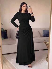SHEIN Lady CURVE Plus Size Women's Elegant Long Sleeve Pleated Dress, Yellow, Autumn/Winter Fall - Black - View 6