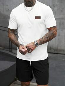 Manfinity Homme 男士皮革貼飾休閒修身版型T恤套裝 - 黑與白 - 查看 4