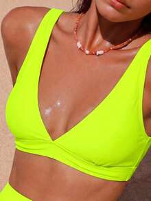 SHEIN Swim 2026春夏 萊姆綠深V領純色性感度假高衩比基尼泳衣兩件套 女款 - 青檸色 - 查看 5
