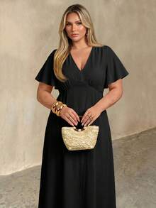 Auralis Plus Size Summer Casual Solid Color Waist-Cinching Dress Brunch Bussines Vacation Black - Black - View 7