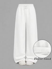 SHEIN Tween Girl Tween Girls Autumn And Winter Plus Velvet Thickened Simple Drawstring Loose Sports Straight Pants - White - View 2