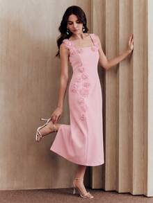 Anewsta Women's Summer Fashion Elegant 3D Floral Sleeveless Spaghetti Strap Fitted Slit Maxi Dress - Pink - View 7