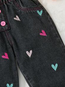 SHEIN 女童個性化百搭舒適休閒度假時尚街頭風水洗軟綿可愛彩色刺繡花苞腰長褲薄款夏季 - 黑色 - 查看 6