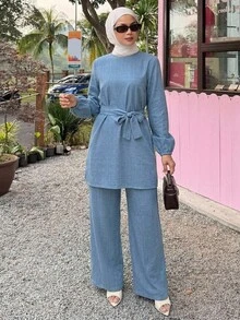 DAZY 女士休闲通勤纯色衬衫和裤子两件套家居服套装 - 藍色 - 查看 7