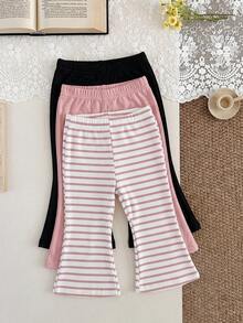 SHEIN Playful Pals 3件組女嬰幼兒百搭休閒多色純色與條紋彈性腰長褲，女嬰喇叭褲，幼兒內搭褲，嬰兒長褲，四季百搭喇叭褲款 - 彩色 - 查看 7
