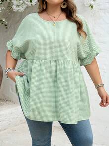 SHEIN CURVE+ Curve Size US22 音樂節、海邊度假、波希米亞 CURVE PLUS / / 女款格紋印花襯衫，適合春夏波希米亞風度假，休閒娃娃風襯衫 - 綠色 - 查看 8