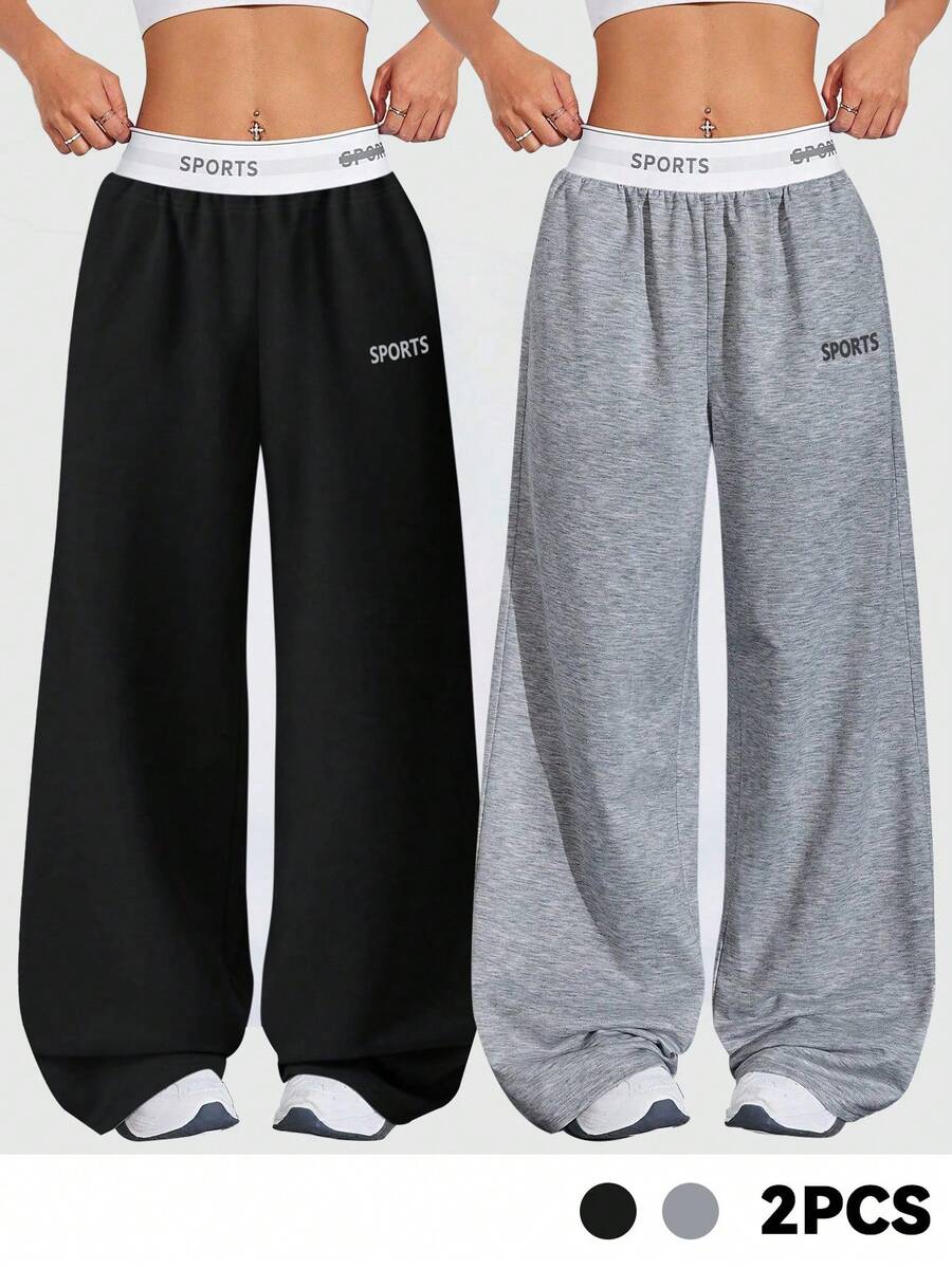 SHEIN Velisys 2PCS Women's Patchwork Letter Webbing Casual Sports Long Pants Gym Black And Gold Soft Summer - Multicolor - View 1