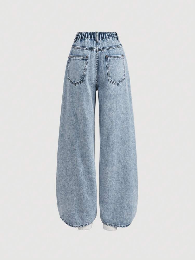 SHEIN Girlism Teen Girl Y2k Three-Dimensional Towel With Flower Pattern Blue Loose And Comfortable Jeans - Blue - View 2