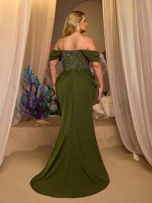 Glamrae Plus Size Elegant Glamorous Sequin Patchwork Elastic Knit Off-Shoulder Cap Sleeve Ruched Bodycon Mermaid Hem Evening Gown Suitable For All Formal Occasions - Army Green - View 2