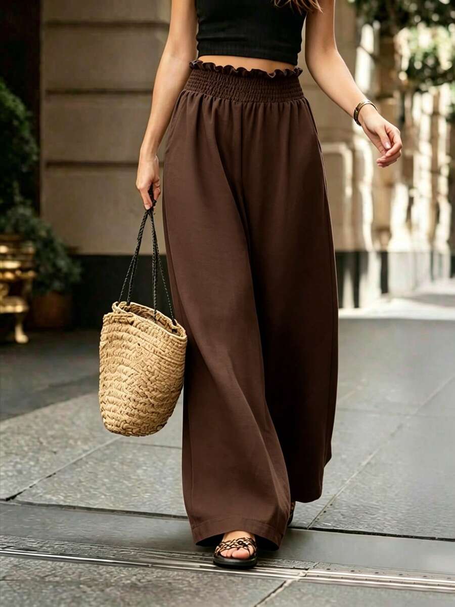 Louniche Women's Solid Color Pleated Casual Versatile Daily Wear Long Pants - Coffee Brown - View 1