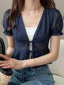 Joudiya 蓝色花卉刺绣休闲街头系带短袖衬衫裙，适合春夏、婚礼和情人节等场合。 - 藏蓝色 - 查看 7