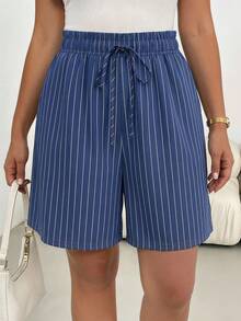 SHEIN Essnce Plus Size Women Summer Casual Vacation Daily Commute Striped Print Drawstring Waist Loose Shorts - Multicolor - View 6