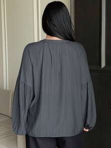 Dazy Plus Women's Plus Size Loose Casual Cardigan Shirt With Round Neck, Lantern Sleeves, Elegant & Playful Design, Long Sleeve, Spring Summer Autumn - Navy Blue - View 5