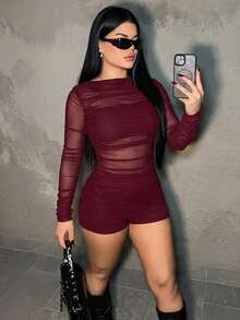 Dayanna Comas Mesh Ruched Patchwork Bodysuit With Long Sleeves Dark Red Dress See Through Dress Mesh Dress - Burgundy - View 1