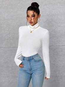 INAWLY High Neck Slim Fit Basic Tee Fall Cloth For Women - White - View 3