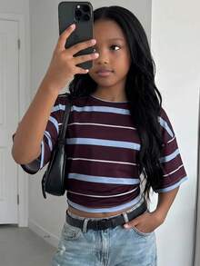 SHEIN 青少年女孩新款時尚優雅素色休閒百搭腰部抓皺T恤，適合日常、上學、海邊、度假及居家穿著，白色夏季款 - 彩色 - 查看 6