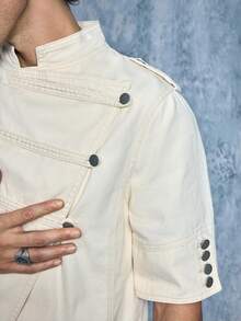ROMWE MEN Casual Men's Solid Color Small Stand Collar Metal Button Shoulder Epaulette Decor Court Style Asymmetric Placket Half Sleeve Denim Shirt - White - View 2