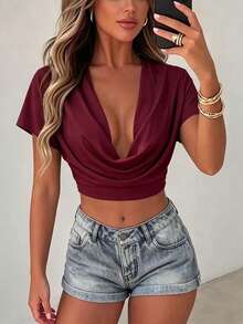 Sirith New Solid Color Deep V-Neck Sexy Cropped T-Shirt Top - Burgundy - View 4