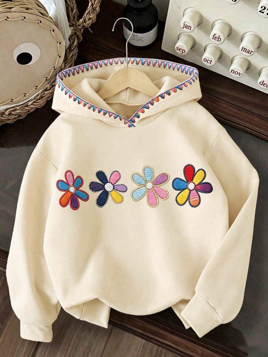 SHEIN 1件青少年女孩刺繡休閒拼色花卉圖案運動衛衣,保暖內裡衛衣,秋冬返校穿搭,時尚百搭,色彩繽紛 - 玫紅色 - 查看 1
