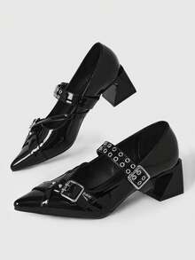 ROMWE Grunge Punk Elegant Pointed Toe Chunky Heel Lacquer Leather Pumps For Christmas Y2K 2000s Style - blue black - View 1