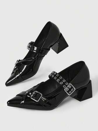 Grunge Punk Elegant Pointed Toe Chunky Heel Lacquer Leather Pumps For Christmas Y2K 2000s Style Fall Shoes