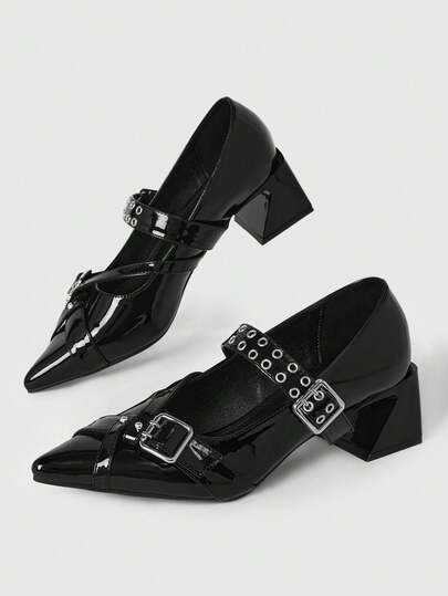 Grunge Punk Elegant Pointed Toe Chunky Heel Lacquer Leather Pumps For Christmas Y2K 2000s Style