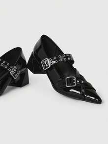 ROMWE Grunge Punk Elegant Pointed Toe Chunky Heel Lacquer Leather Pumps For Christmas Y2K 2000s Style - blue black - View 6
