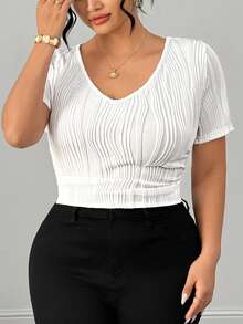 Elenzga Plus Size Women's Solid Color Textured Short Sleeve Slim Fit T-Shirt - White - View 6