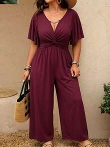 SHEIN LUNE Plus Size Women's Spring/Summer Chain Patchwork Ruffle Knot Waist Knit Texture Elegant Graceful A-Line V-Neck Midi Dress - Red Violet - View 3