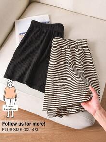 CosyJoli Plus Size Summer Casual Textured Black And Striped Shorts - Coffee Brown - View 5
