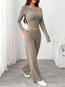 SHEIN PETITE Women's Striped Long Sleeve T-Shirt And Pants Casual 2 Pieces Set - Brown - View 6