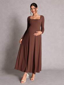 SHEIN Maternity Solid Color Square Neck Long Sleeve Elegant Dress Photoshoot Business Casual Outfit Daily Commute Old Money Style Work Brown Autumn Fall - Coffee Brown - View 2