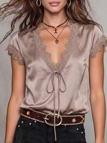 Solivie Women's Summer Elegant Satin Lace Trim Blouse - Camel - View 8