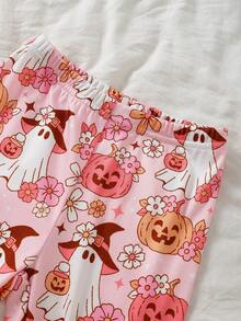 Girls Pumpkin Bow Print Long Sleeve Pants Snug Fit Halloween Style Loungewear Set Festival Outfits Winter Fall - Multicolor - View 7