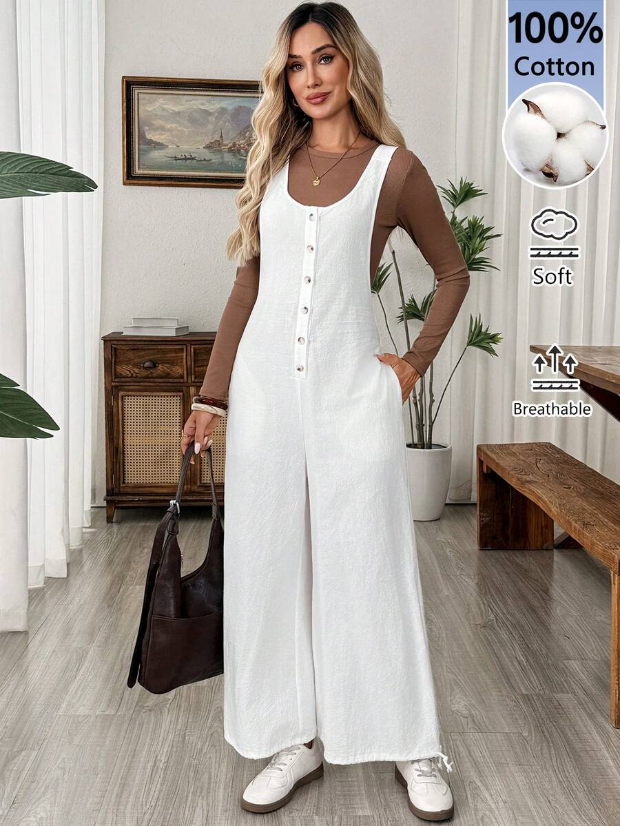 EMERY ROSE Mono de mujer de algodón blanco liso con textura, botones, bolsillos, holgado y casual, para viajes y vacaciones de verano - Blanco - Ver 1
