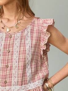 SHEIN Women's Plaid Flutter Sleeve Lace Trim Patchwork Ruffle Button Shirt - Pink - View 5